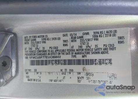 2014 Ford Escape S из США, поврежденный, VIN 1FMCU0F77EUC89802